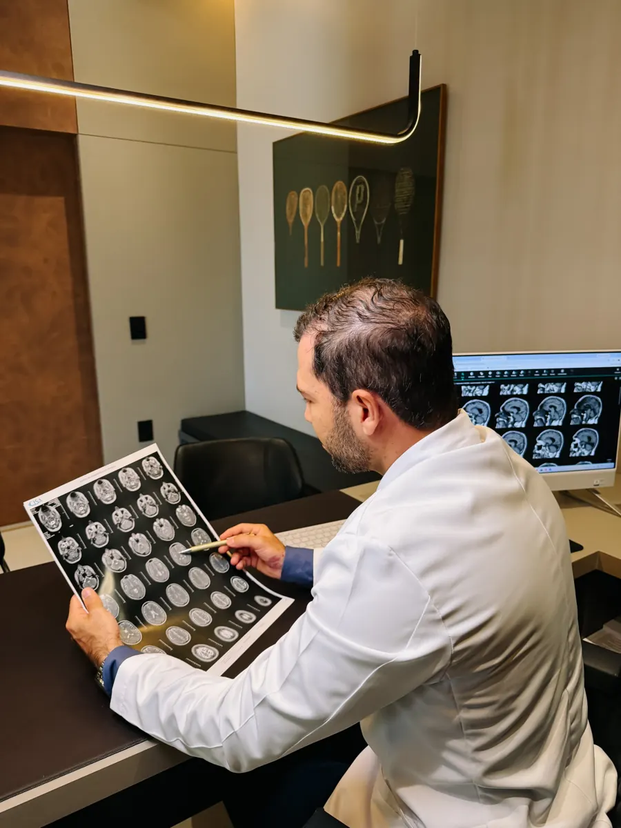 Dr. Bruno avaliando exames de ressonância do cérebro